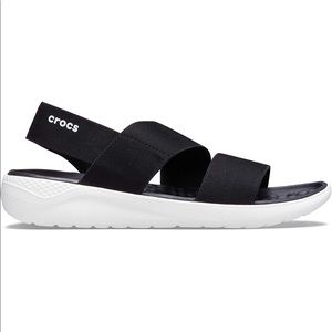 Size 8, Crocs Lite Ride black and white sandals